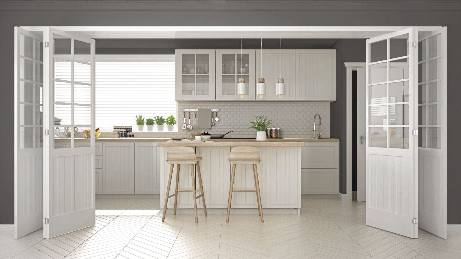 Scandinavian classic kitchen with wooden and white details, minimalistic interior design